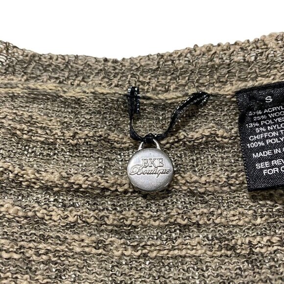 BKE Gimmicks Open Weave Women Tan Raw Edge Chiffon Trim Wool Cardigan Sz Small - Picture 11 of 13